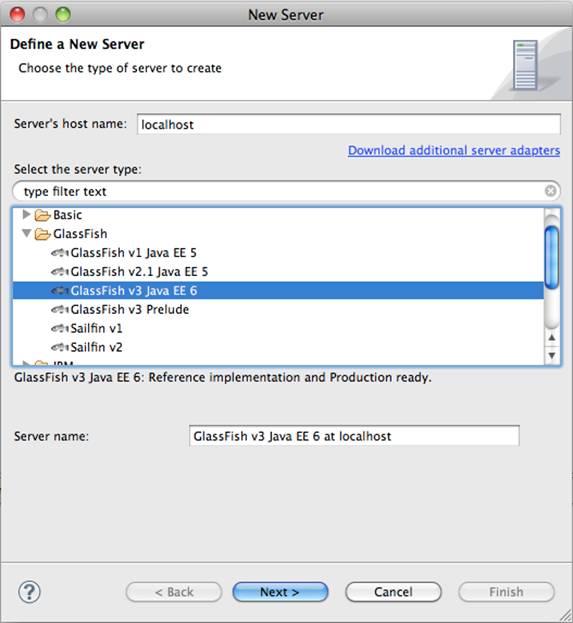 Caixa de dilogo para configurar novo servidor no Eclipse