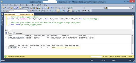 Cdigo T-SQL para verificar o trigger
criado