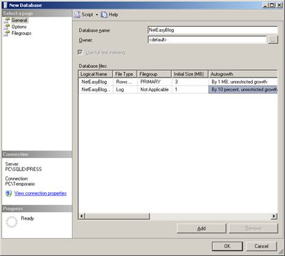 Tela criao do novo database