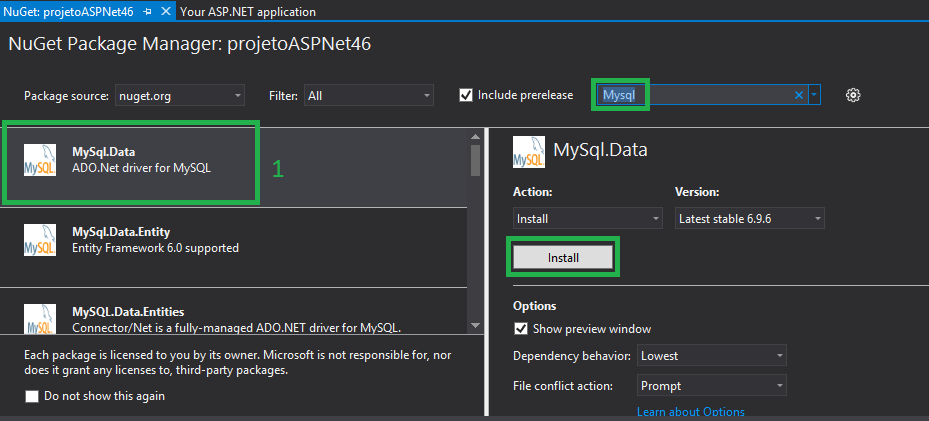 Selecionando pacote MySQL.Data a ser instalado