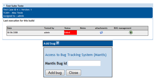 Testlink
integrado com Mantis