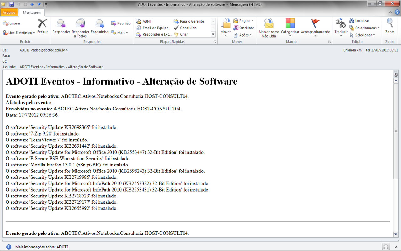 Alerta informando sobre alterações de software em um computador