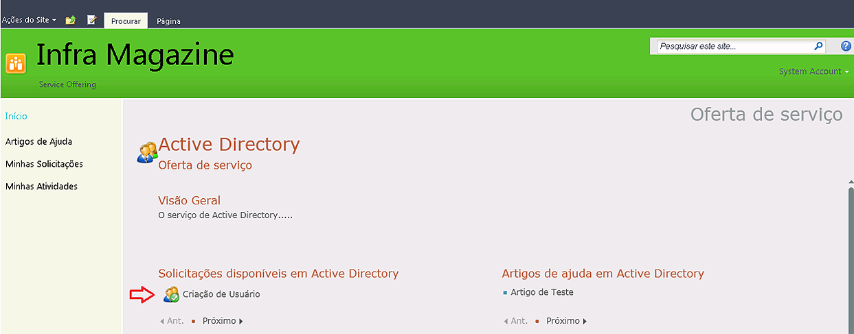 Página da oferta de serviço
Active Directory