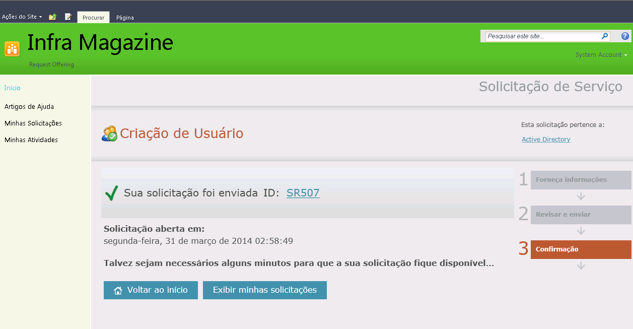 Confirmação de envio
da requisição de serviço