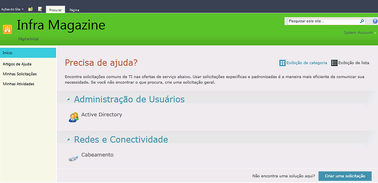 Página inicial do Portal de
Autoatentimendo do Service Manager