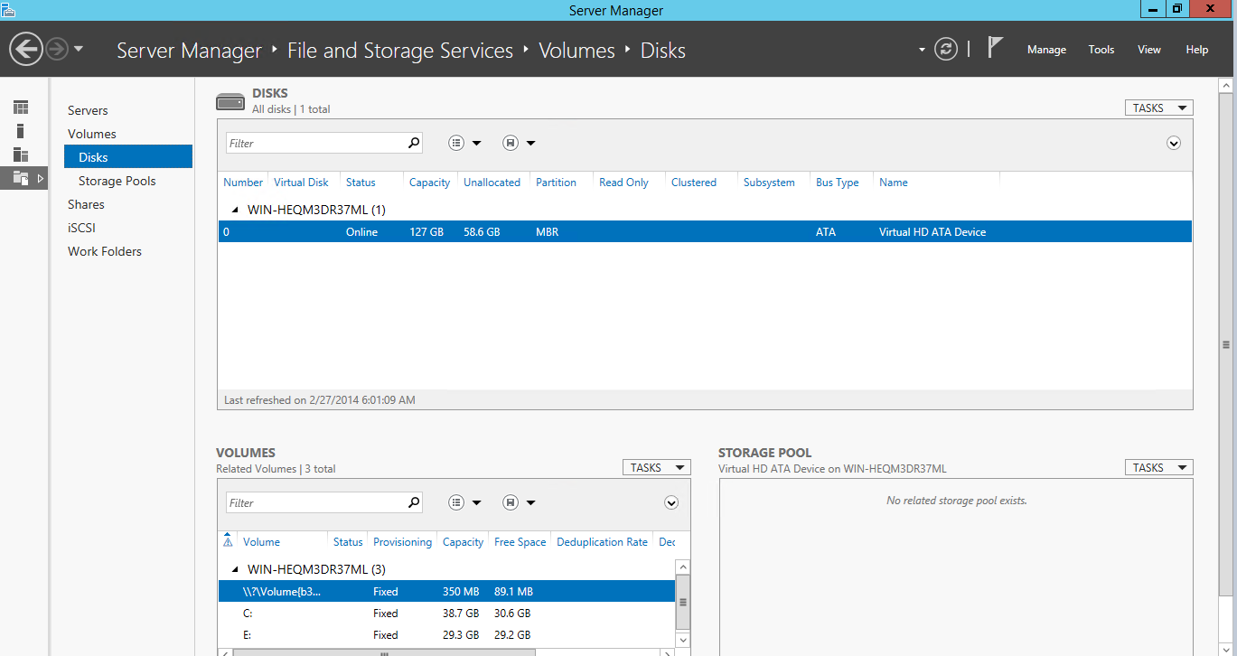 Discos e volumes
disponíveis no Server Manager