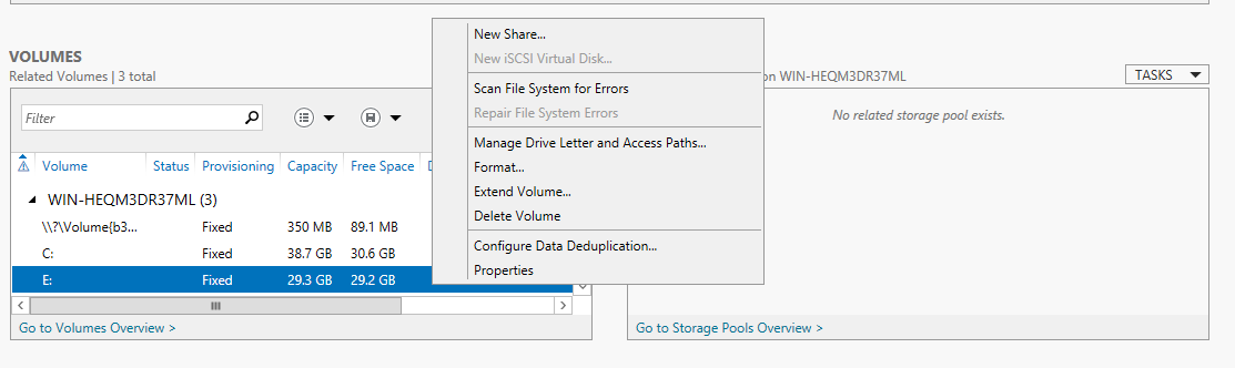 Configurando o Data
Deduplication no volume E