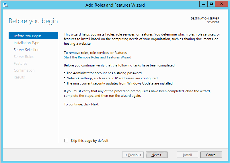 Tela inicial do
assistente para adicionar Roles e Features