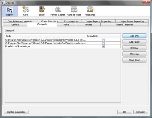 Tela de configuração do classpath no iReport