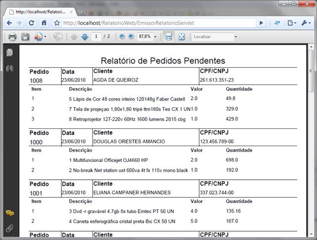 Visualização do relatório pela web