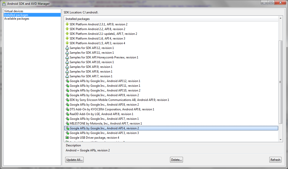 Pacotes opcionais instalados no Android SDK