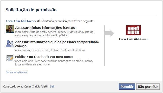 Aplicativo da Coca-Cola pedindo permissão para acessar informações e fazer publicações