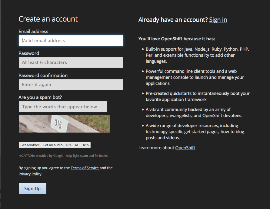 Cadastro no OpenShift
