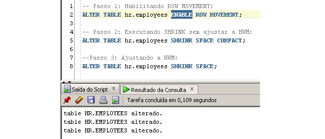 Passo-a-passo para executar o SHRINK na tabela HR.EMPLOYEES