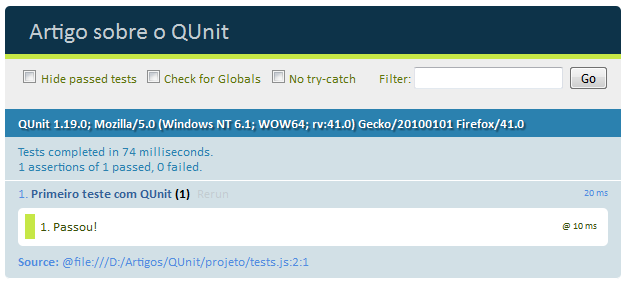 Resultado do primeiro teste com QUnit
