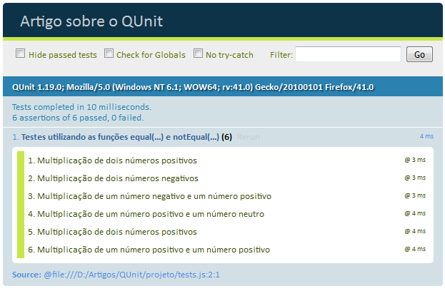 Resultado dos testes utilizando a função equal() e notEqual()