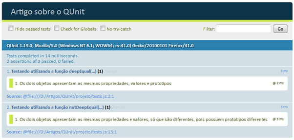 Resultado dos testes utilizando as funções deepEqual() e notDeepEqual()