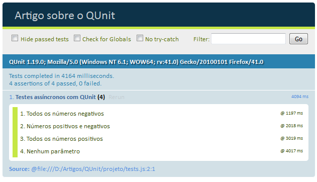 Resultado dos testes fazendo uso da função async()