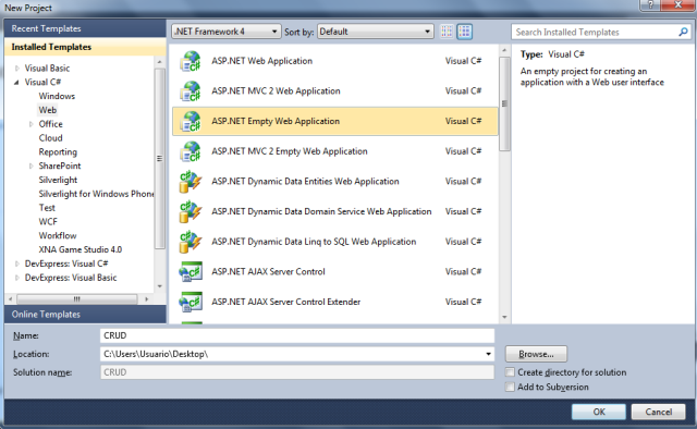 Criando um novo projeto Web no Visual Studio 2010