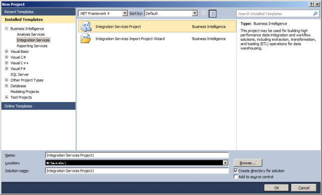 Template de Projetos do Integration Services no Shell do Visual Studio 2010