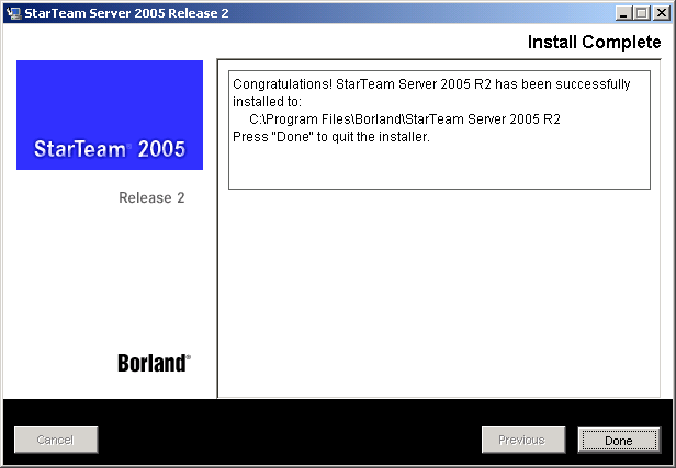 Tela final da instala��o do StarTeam Server