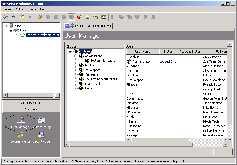 Janela User Manager para gerenciamento dos usu�rios e grupos do StarTeam