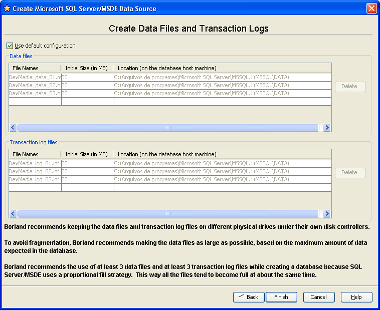 Definindo os arquivos de banco de dados a serem criados junto com o server configuration
