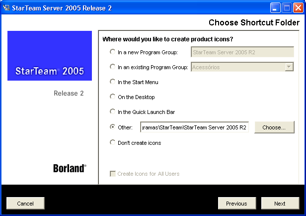 Especificando o local para a cria��o dos �cones de acesso aos arquivos do StarTeam Server