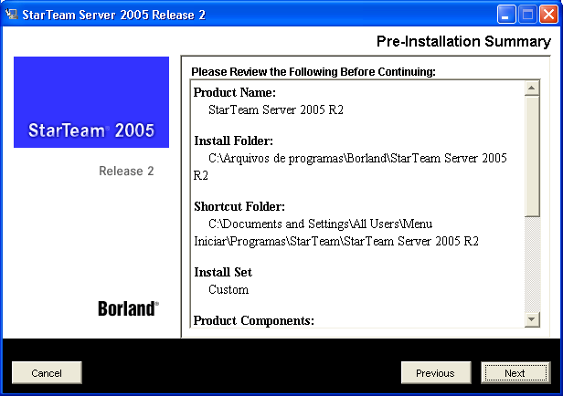Sum�rio demonstrando as op��es marcadas para a instala��o