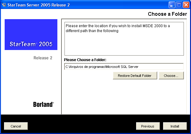 Selecionando a pasta de destino para a instala��o do MSDE 2000