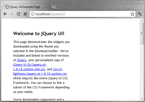 Tela de boas vindas do jQuery UI no servidor local