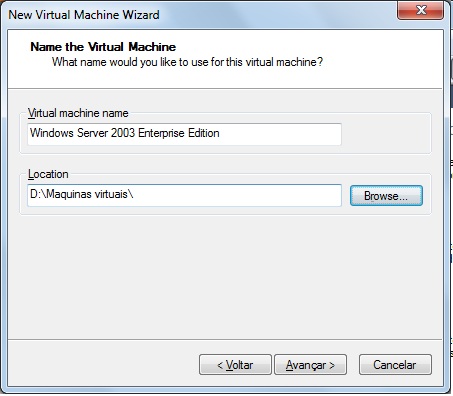 Selecione o nome da mquina virtual e selecione o diretrio onde ser armazenado o arquivo de configurao da VM.