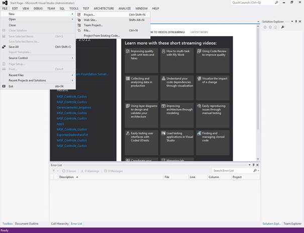 Tela
do Visual Studio para criao de um novo projeto.