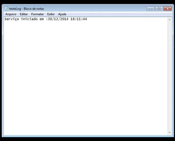 Tela
do arquivo .txt criado a partir do servio Windows Service com a data e hora
que o aplicativo foi finalizado