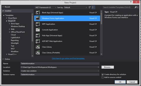 Novo projeto do tipo Windows Forms