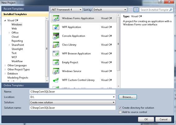 Tela de configurao para a
criao de um novo projeto <u>Windows Forms Application