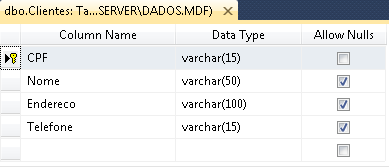 Column Name (nome dos campos),
Data Type (tipo dos dados e tamanhos) e Allow Nulls (se estiver marcado,
permite nulo)
