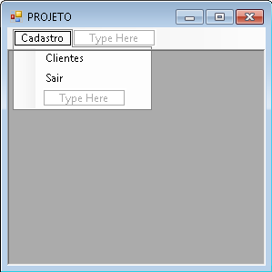 Tela inicial configurada com menu
Cadastro e submenus Clientes e Sair