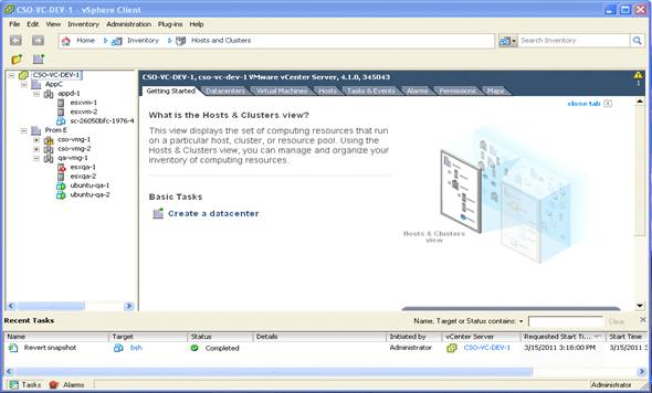 Tela de exibio dos servidores na ferramenta VMware vShere client