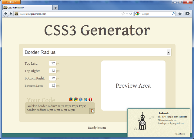 Interface principal do CSS3 Generator