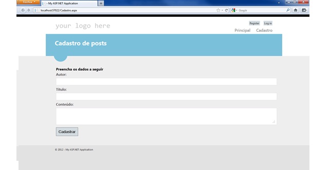 Nova página de cadastros