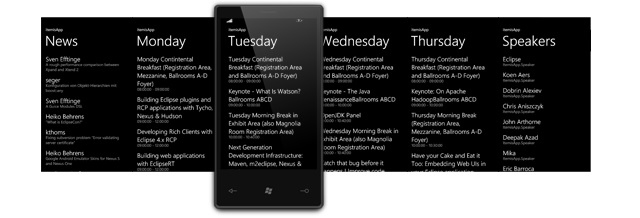 Template Pivot do Windows Phone exibindo as notcias de cada dia da semana