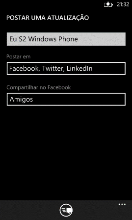 Tela de compartilhamento de atualizao nas redes sociais no Windows Phone