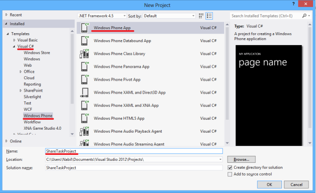 Criao do Projeto ShareTaskProject no Visual Studio 2012