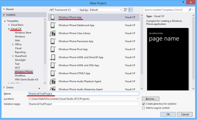 Criando o projeto ShareLinkTaskProject no Visual Studio 2012