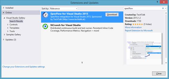 Selecionando a
extenso para uso do SpecFlow com o Visual Studio 2015