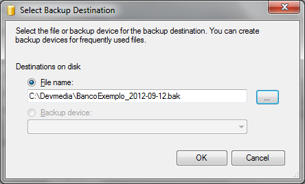 Janela Select Backup Destination com o caminho do backup j definido