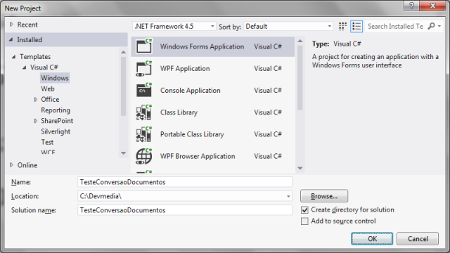 Criando um projeto Windows Forms para testes