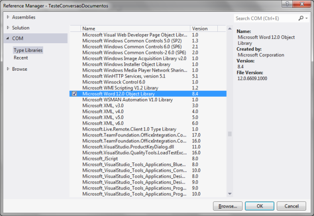 Adicionando ao projeto uma referência à biblioteca COM do Word