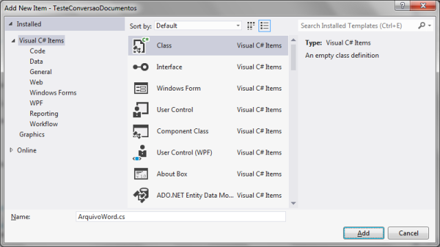 Criando o arquivo para implementação da classe ArquivoWord